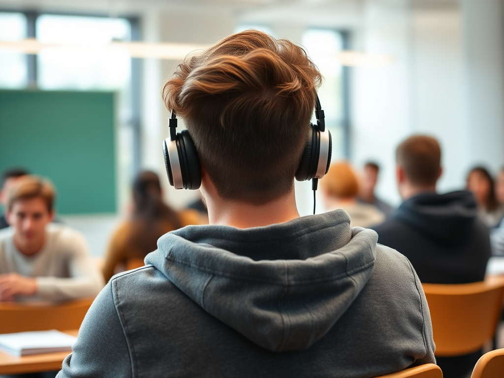 A student sitting in a classroom with headphones on, facing away from the camera, with a group of classmates in the background.